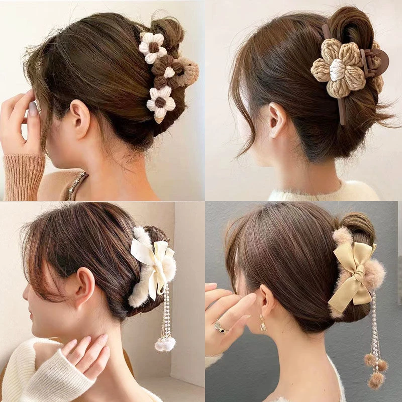 秋冬冬季抓夹大号气质简约咖色毛线花朵优雅高级感鲨鱼夹子头饰