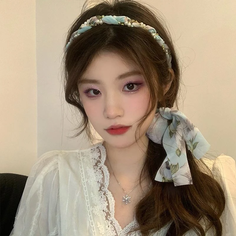 超仙蓝色碎花发箍带飘带一体系法式丝巾发带女夏季绑发编发丝G