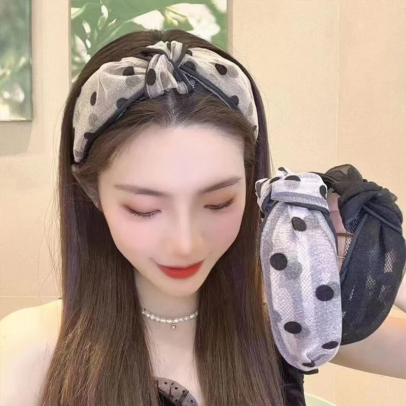 日韩甜美网纱波点圆点中间打结宽边发箍头饰女头箍发卡发带超仙