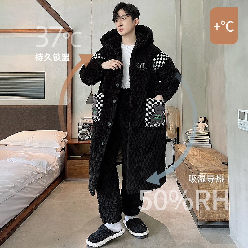 巨厚三层夹棉袄睡袍男士睡衣冬季珊瑚绒长款中款加绒加厚青少年外