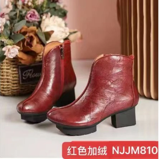 娜家花盆底加绒靴子NJJM(810)时尚百搭民族风女士秋冬复古