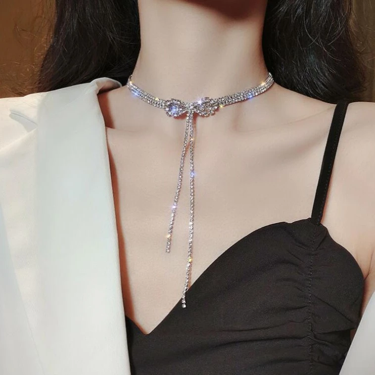 合金项链 蝴蝶结镶钻流苏项链女锁骨链个性颈链女ins冷淡风配饰