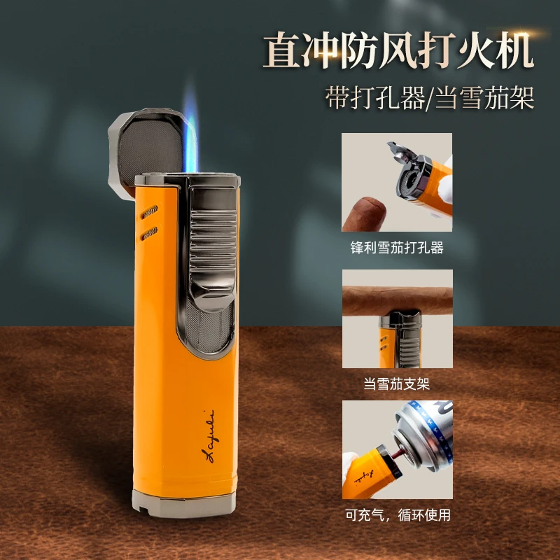 Lafuli雪茄专用打火机带打孔器支架一体直冲蓝火焰便携防风打火机