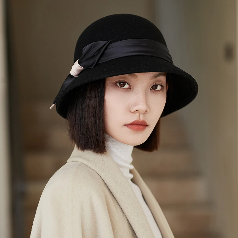 毡帽子女士秋冬季时尚洋气复古百搭纯羊毛渔夫帽子