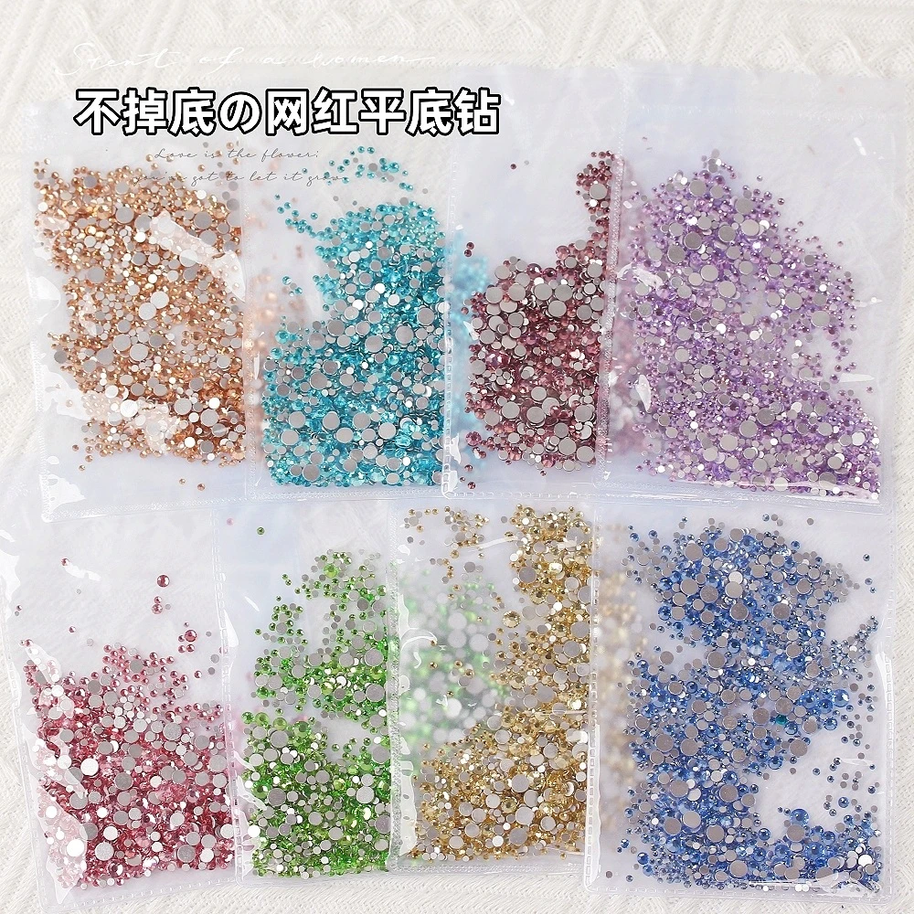 袋装彩色平底钻美甲饰品大小混合超闪透明白色小圆钻DIY美甲钻