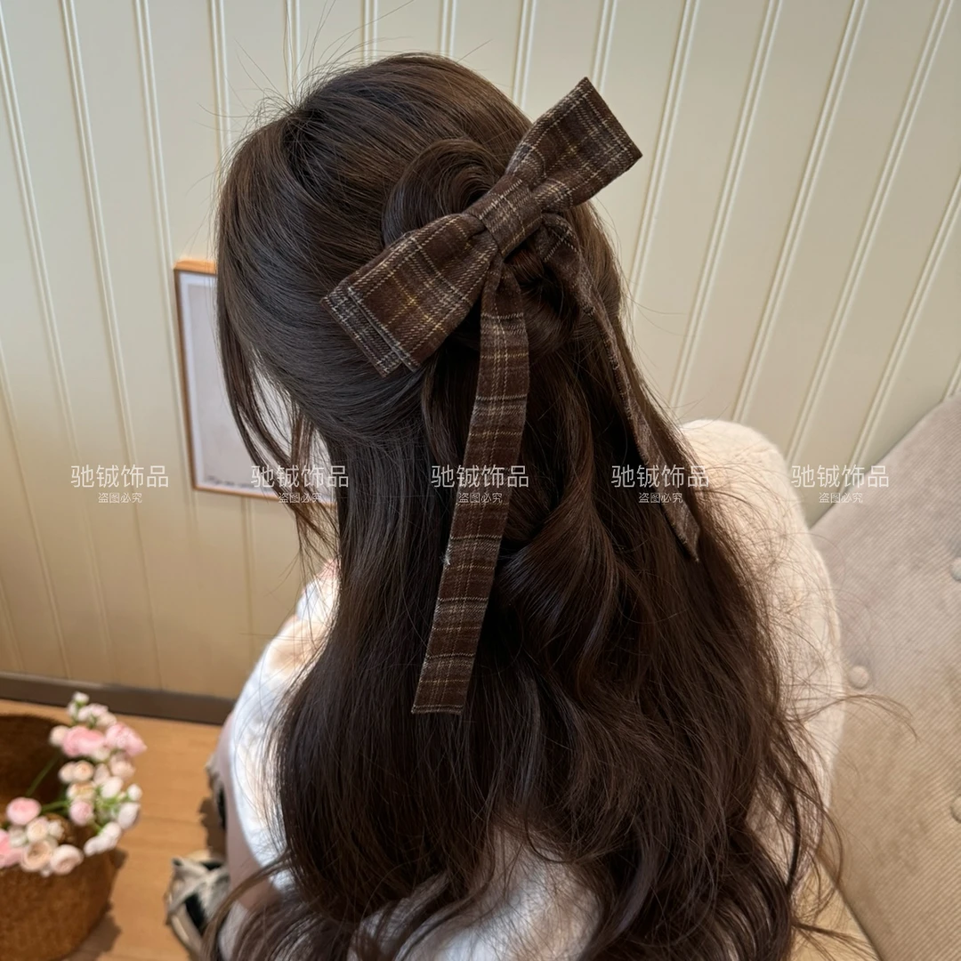 格纹少女～蝴蝶结飘带鸭嘴夹法式氛围感后脑勺盘发学院风甜美发夹