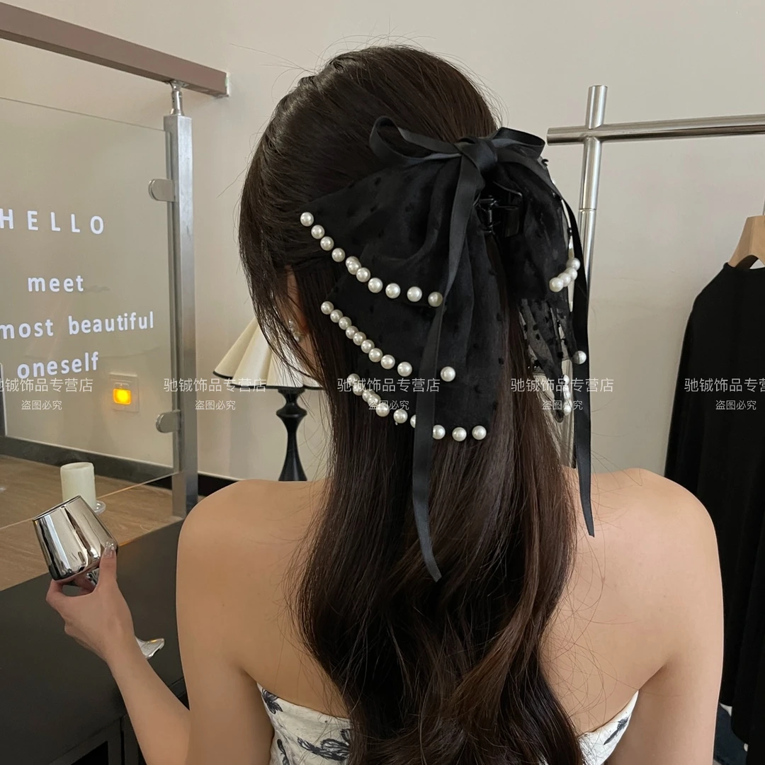 贵气名媛风~蕾丝钉珠超仙蝴蝶结马尾夹法式甜美气质鲨鱼夹头饰