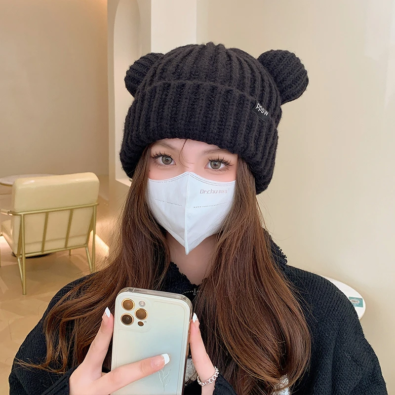 大耳朵小熊帽甜美可爱毛线帽冬季保暖护耳大头围针织毛线帽冬天