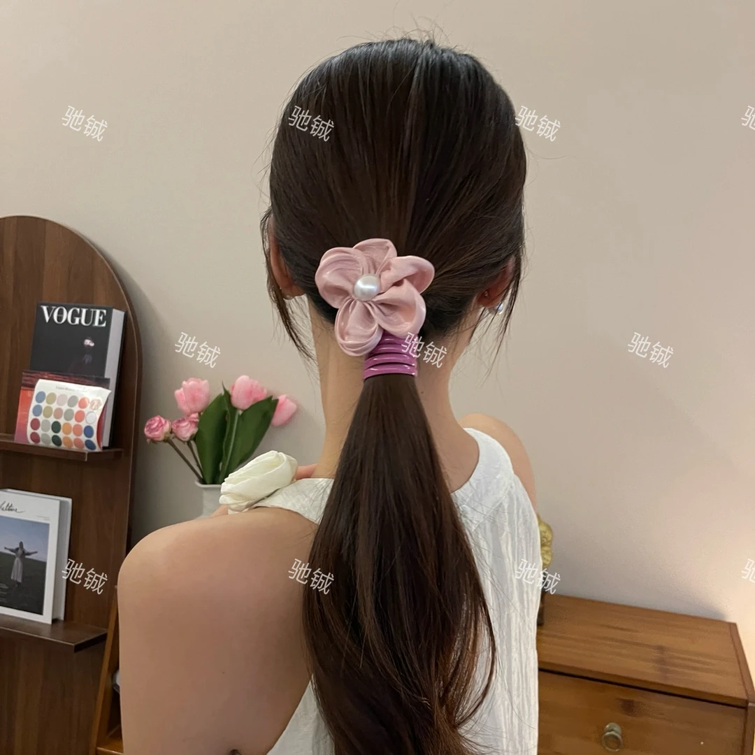 夏日氛围~花朵扎马尾直条电话线发圈高级感编发器元气少女感头绳
