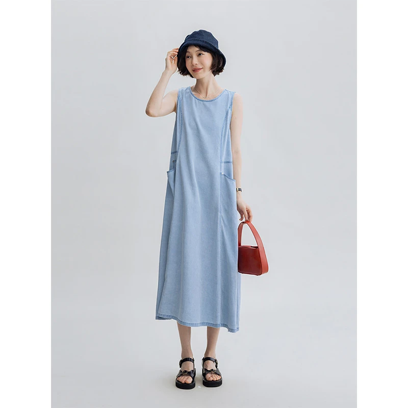 DotDrobe/多着100%莫代尔 炒色工艺牛仔风无袖连衣裙垂坠-水洗蓝