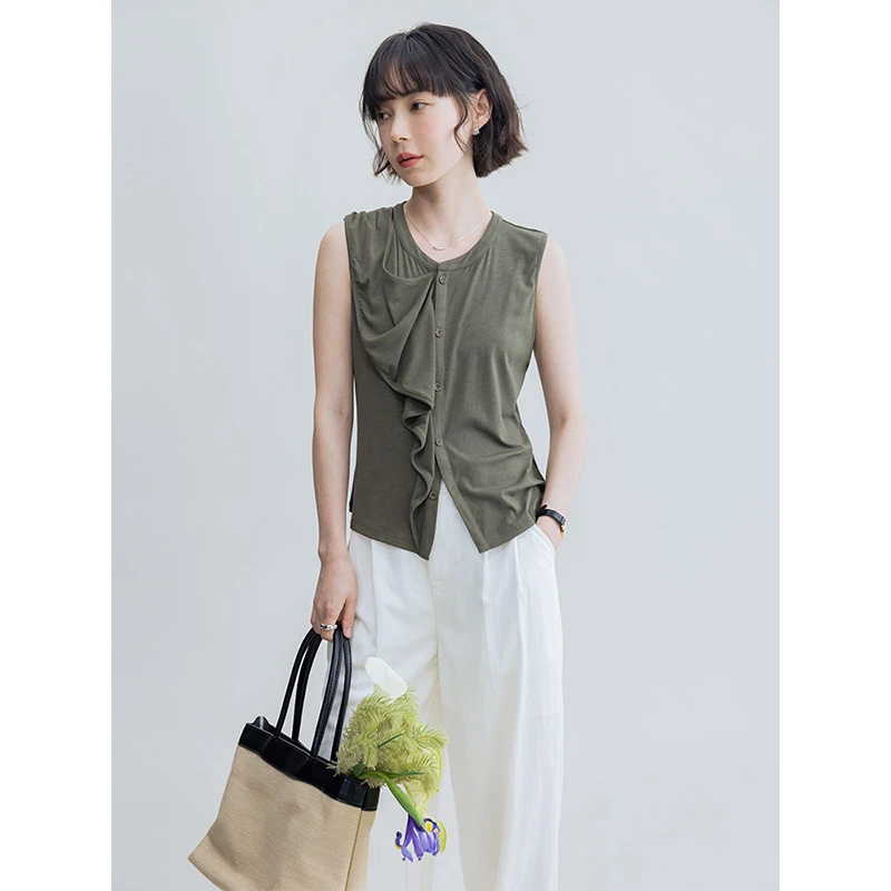 DotDrobe/多着多种穿法 凉感面料飘带背心女夏-苔绿色/黑色