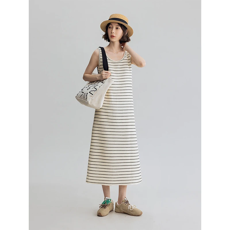 DotDrobe/多着弹力针织面料U领背心连衣裙条纹抗皱-杏黑条/藏蓝色