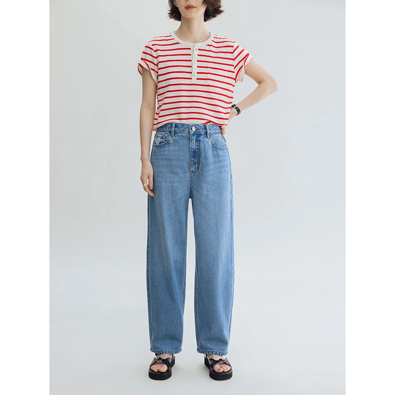DotDrobe/多着粗斜丹宁纯棉猫须中腰九分锥形牛仔裤女春夏-牛仔蓝