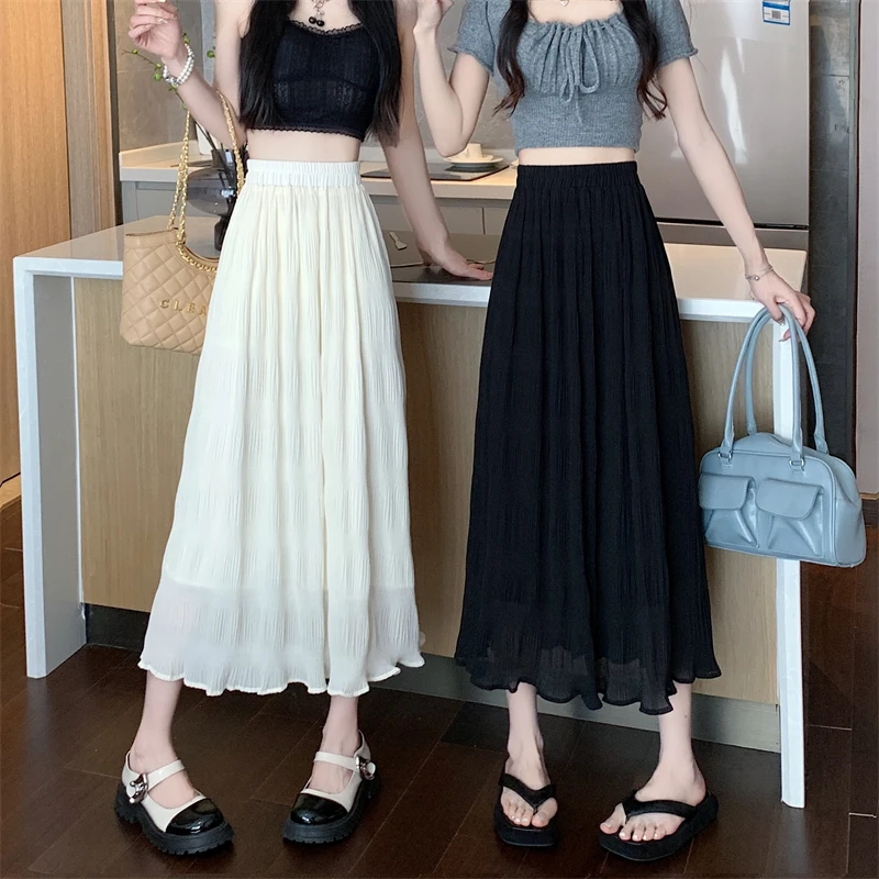 法式甜美荷叶边雪纺百褶裙女夏季2025新款高腰显瘦中长a字半身裙