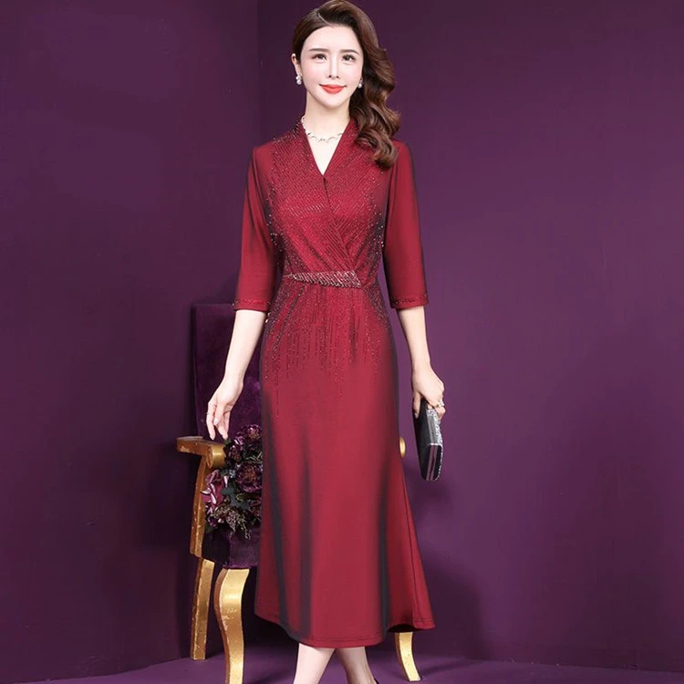 春秋洋气嫁女儿妈妈装年轻喜婆婆晚礼服V领显瘦中长款婚宴敬酒服