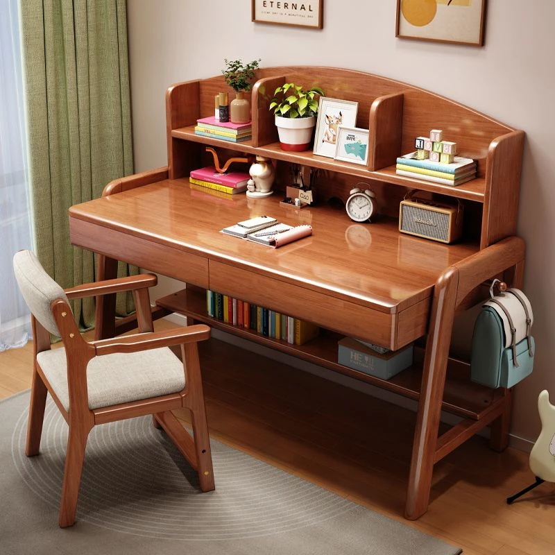 书桌带书架一体可升降儿童实木学习桌子卧室小孩子写字桌学生专用