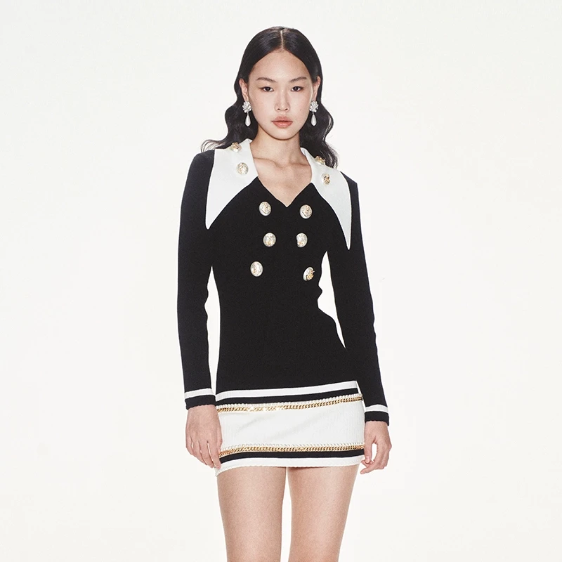 【Sasa专享】LE FAME/拉飞姆经典小香风黑白链条珍珠连衣裙