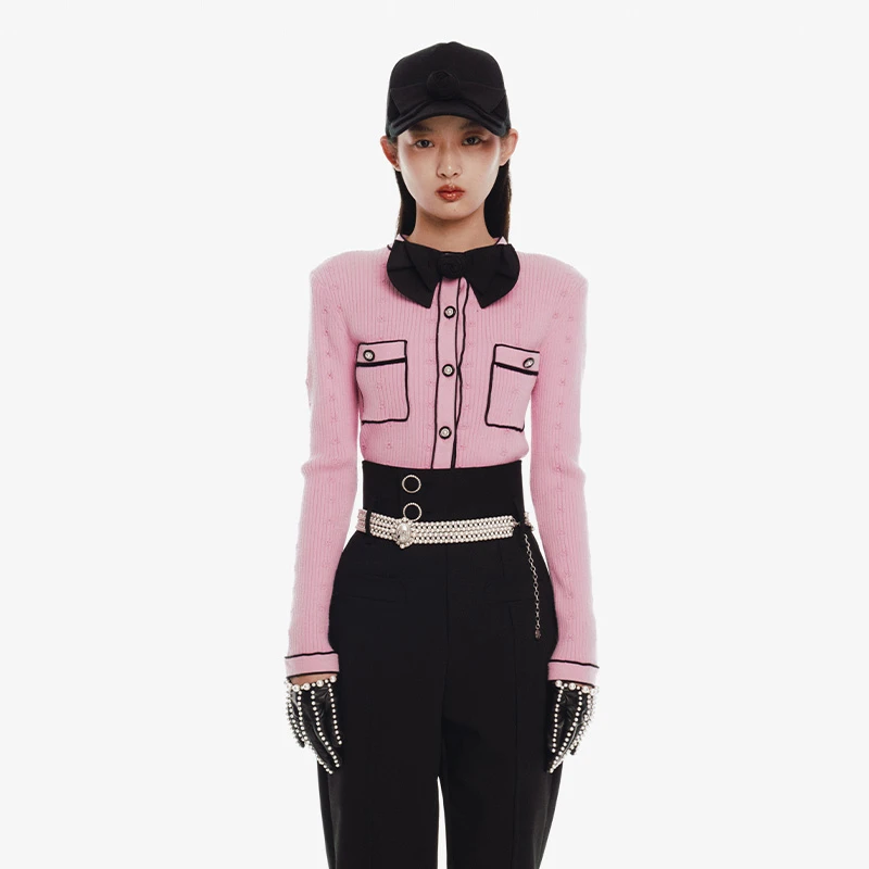 LEFAME/拉飞姆 立体玫瑰蝴蝶结装饰小众毛织上衣