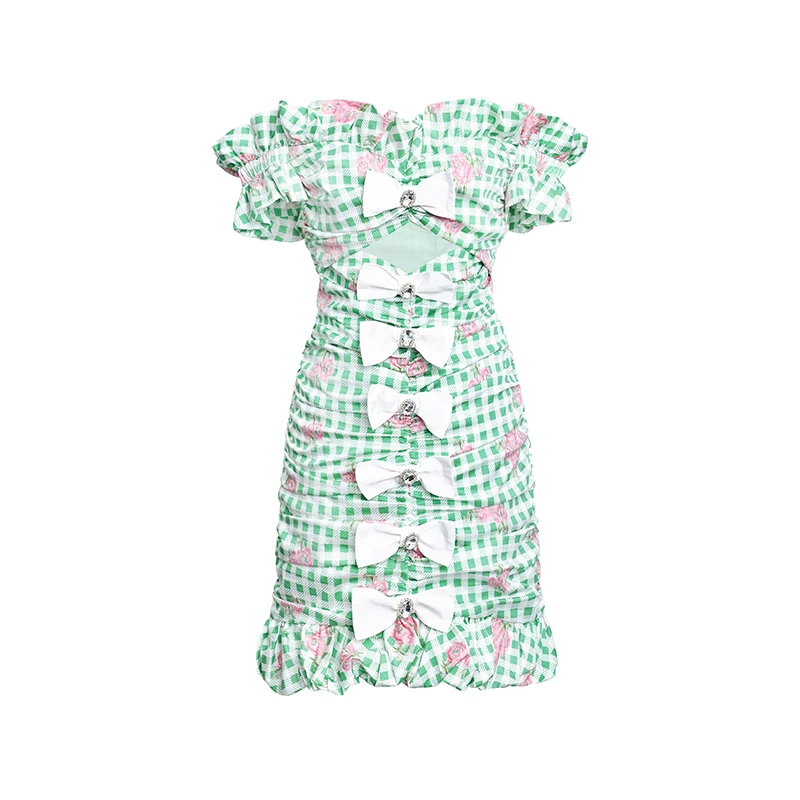 LE FAME/拉飞姆夏季新品玫瑰印花蝴蝶结装饰复古连衣裙