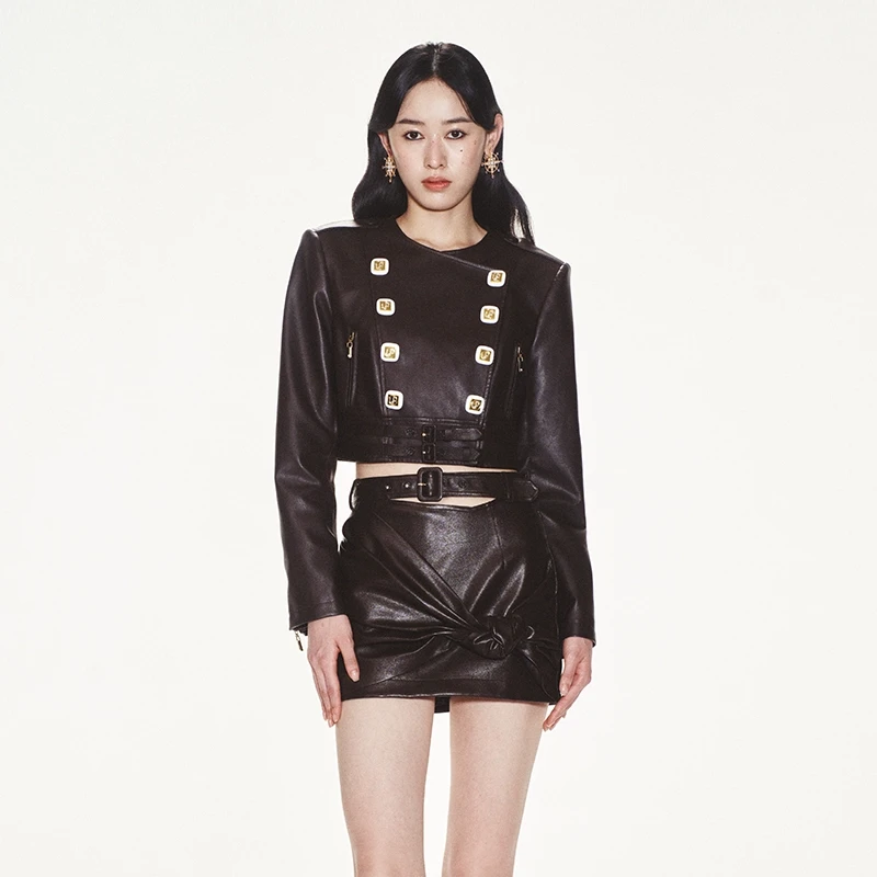 【若谷大大】LE FAME/拉飞姆修身方形钻扣PU皮短外套C242