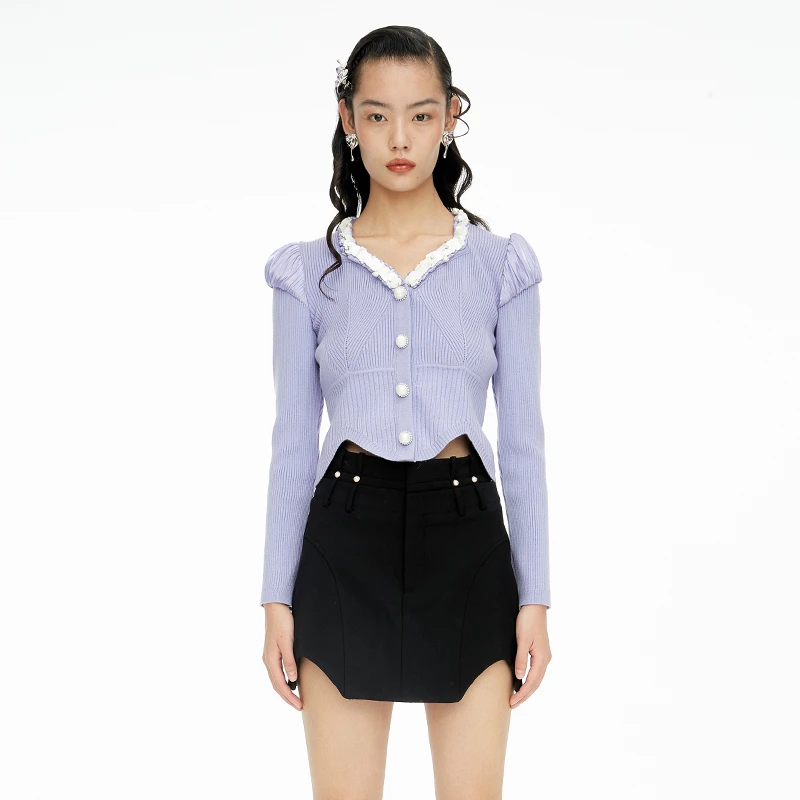 【陈大可专属】LE FAME/拉飞姆钉珠方领收腰倒T型针织开衫