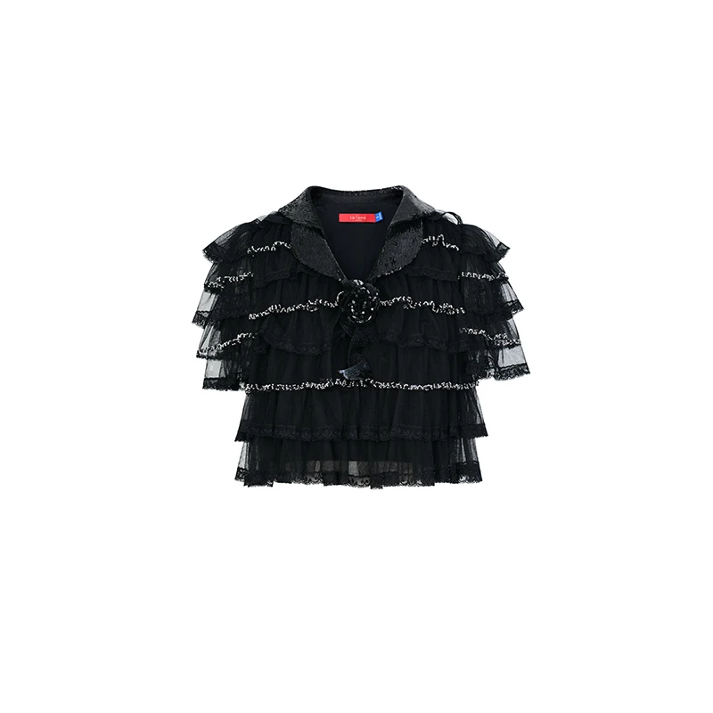 LE FAME/拉飞姆 珠片花瓣层叠网纱拼接宽松上衣