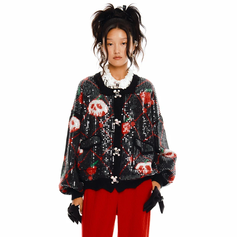 LE FAME/拉飞姆 苹果花珠片绣方领长袖外套针织开衫