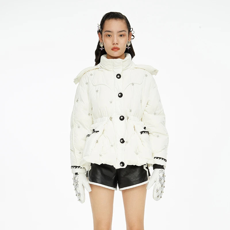 LE FAME/拉飞姆冬季新款华丽五角星保暖中长款羽绒服