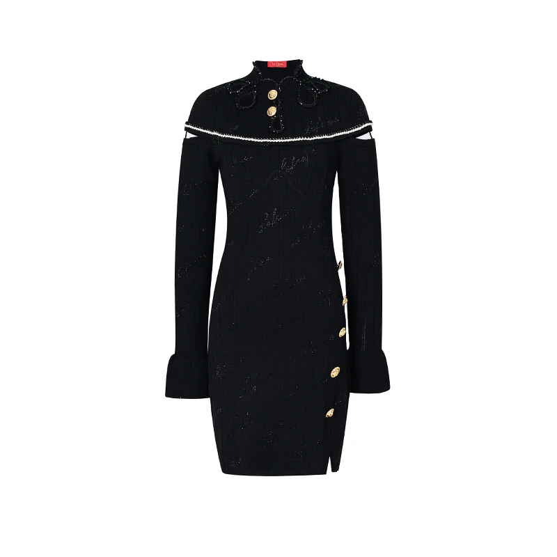 LE FAME/拉飞姆冬季新款华丽新中式烫钻收腰立领毛织连衣裙