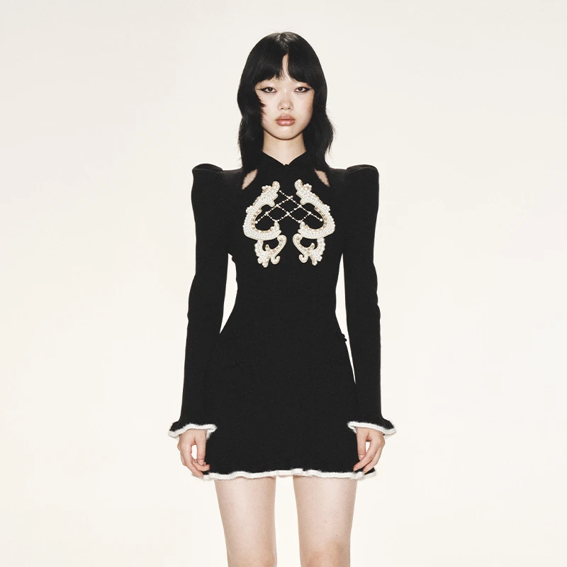 【暂不使用】LEFAME/拉飞姆 重工面料假两件修身针织赫本风连衣裙