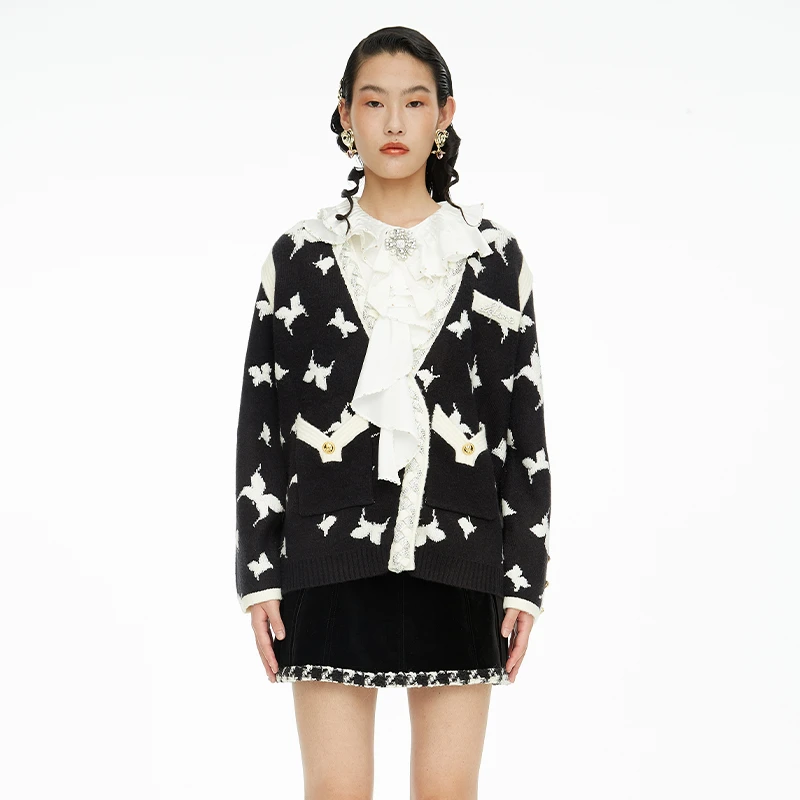 【陈大可】LE FAME/拉飞姆黑白撞色蝴蝶提花针织上衣开衫