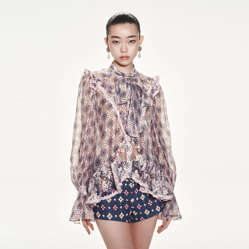 LE FAME/拉飞姆春季复古风欧根纱印花放松嬉皮上衣