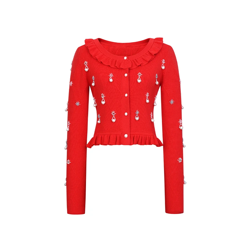 【若谷大大】LEFAME/拉飞姆大圆领荷叶边钉珠修身针织开衫