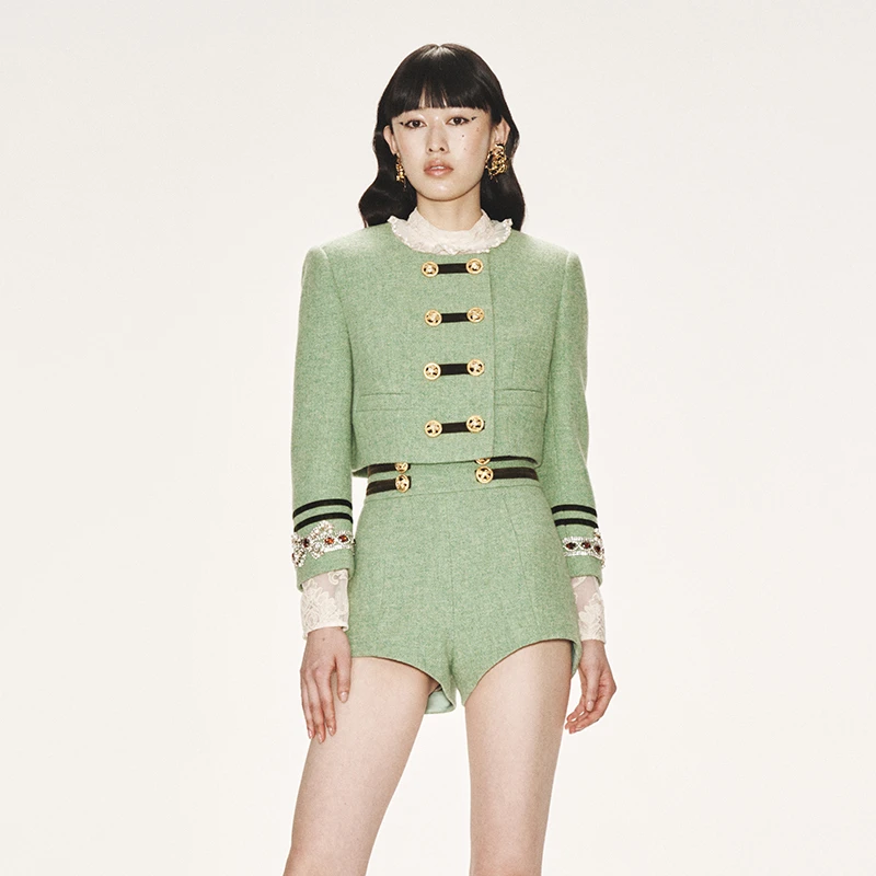 【陈大可】LE FAME/拉飞姆骑士风珠宝蝴蝶结圆领短外套