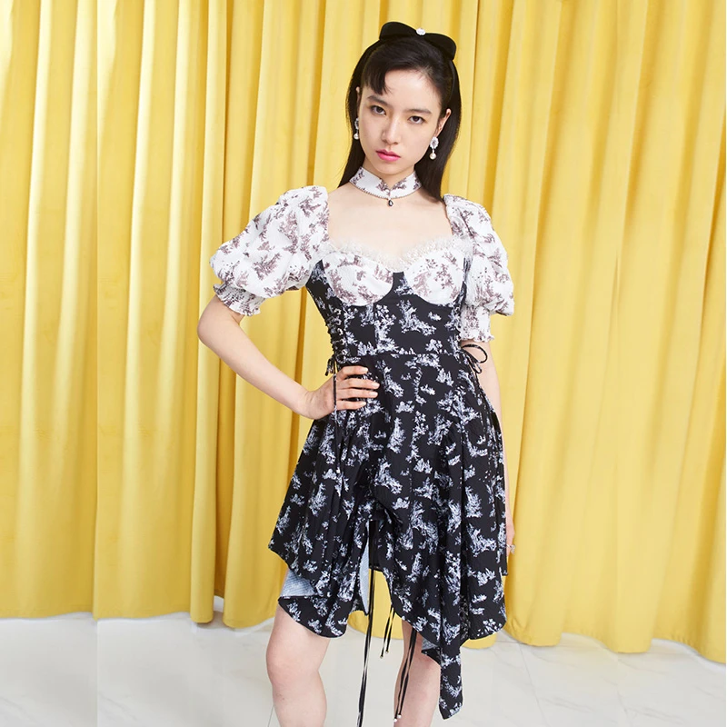 LE FAME/拉飞姆夏季新款东方复古印花宫廷连衣裙