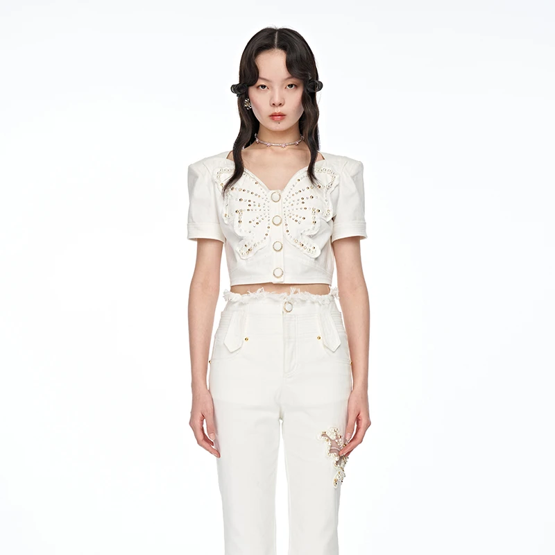 【蜜思仝】LeFame/拉飞姆蝴蝶装饰牛仔短钉钻箱型外套.