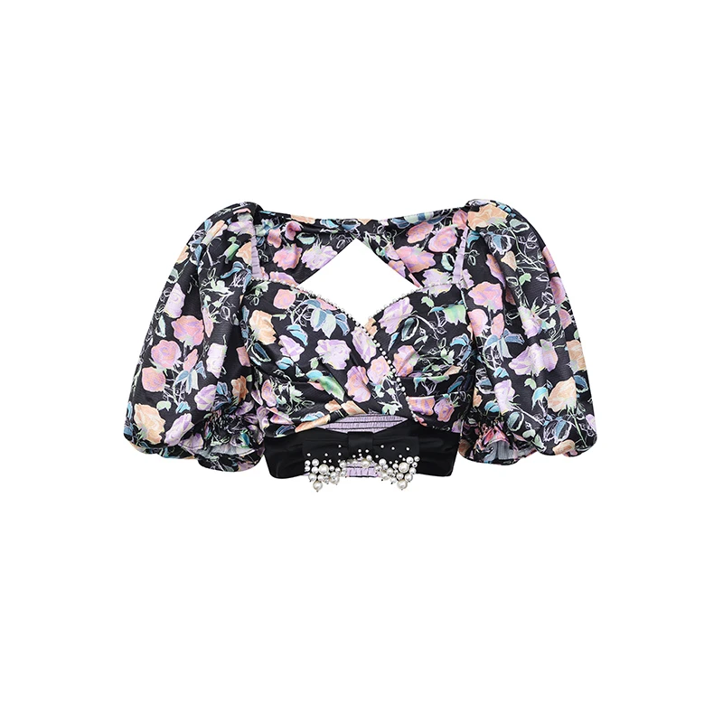 LE FAME/拉飞姆 大方领钉珠纯欲玫瑰印花上衣