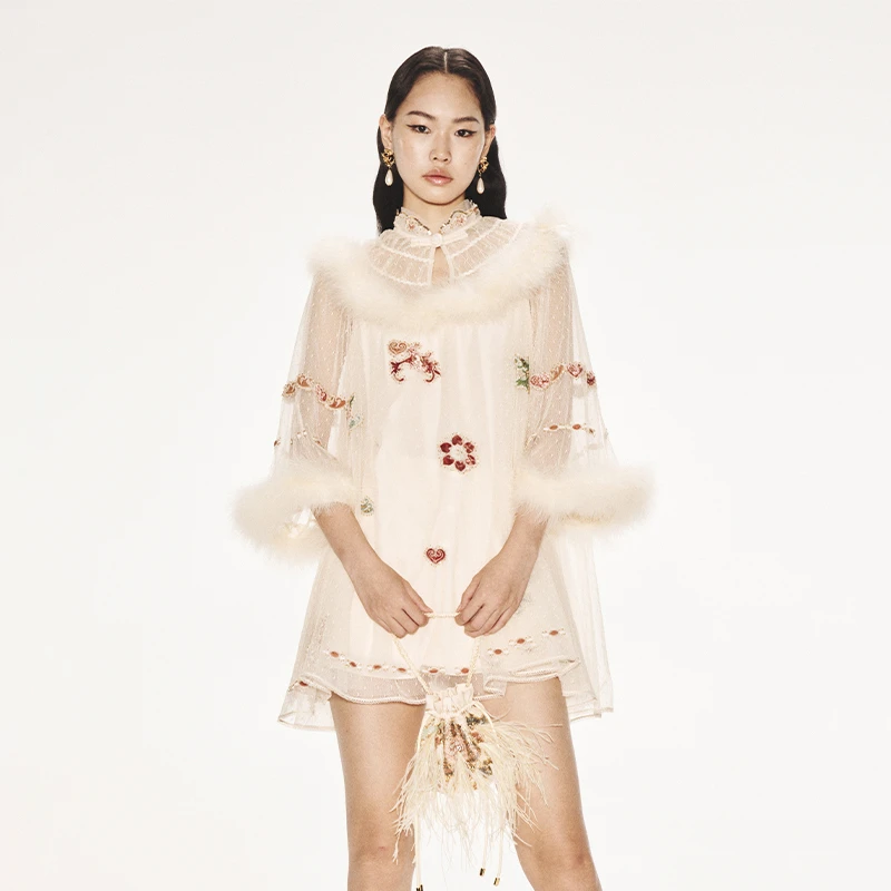 LE FAME/拉飞姆中式宝相花图案刺绣网纱连衣裙