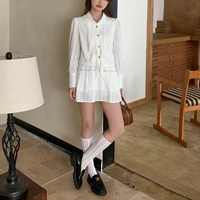 【圆仔】28372纯欲风甜美花边翻领长袖白色衬衫高腰A字半身短裙