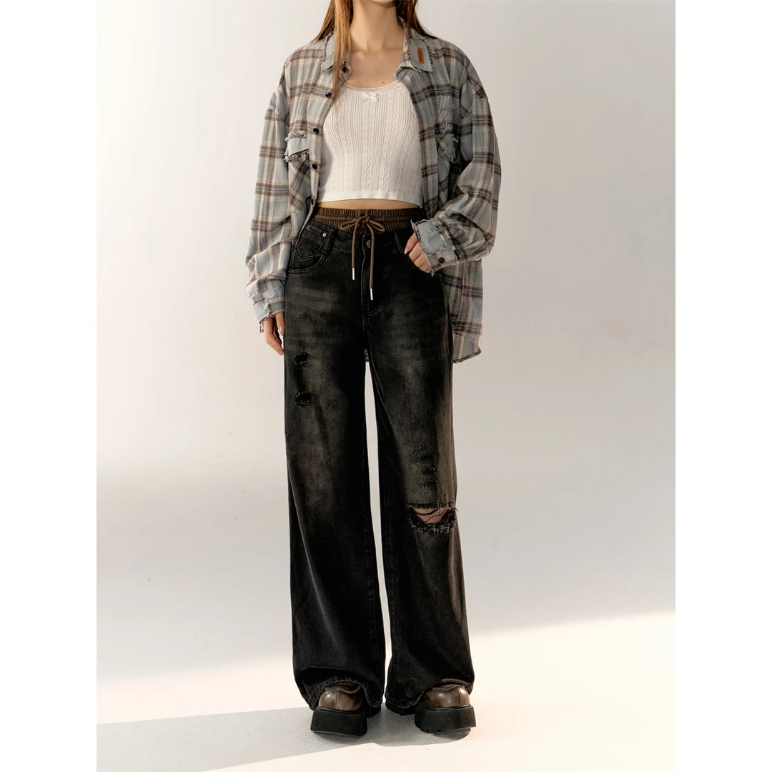 AsGony拼色渐变水洗阔腿裤女早秋宽松复古高腰破洞显瘦直筒长裤