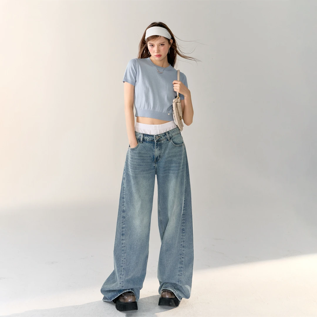 AsGony设计感小众拼接直筒宽松水洗牛仔裤