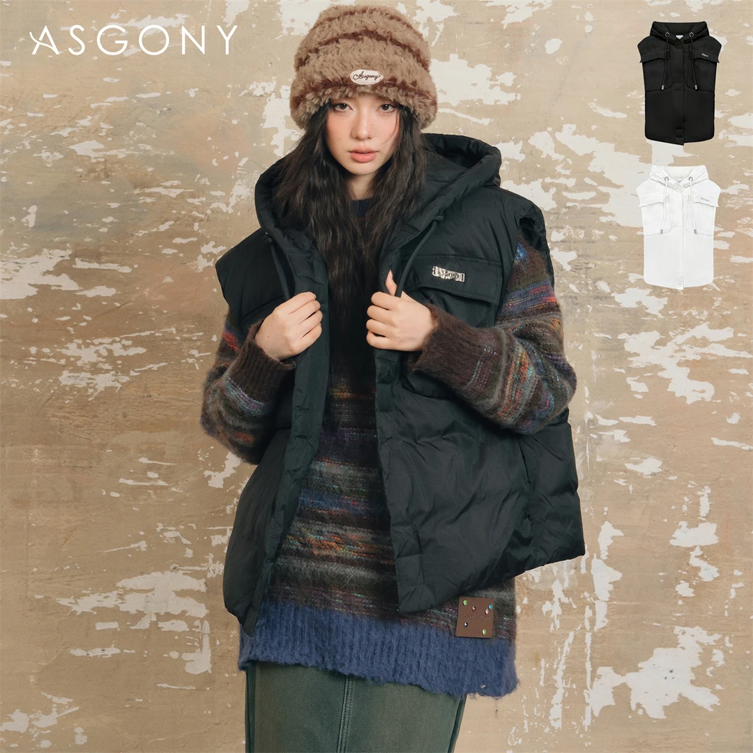 AsGony 棉马夹外套女秋冬季工装风宽松显瘦休闲百搭连帽马甲