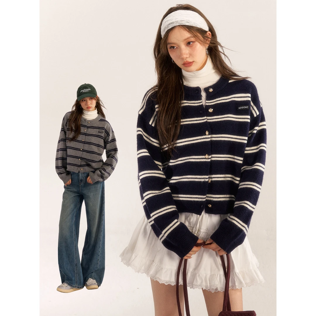 【反季清清福利】Asgony撞色条纹单排扣长袖毛衣
