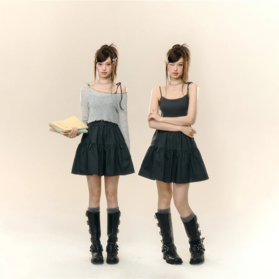 AsGony黑色吊带连衣裙女春夏新款今年流行的超好看漂亮绝美套装裙