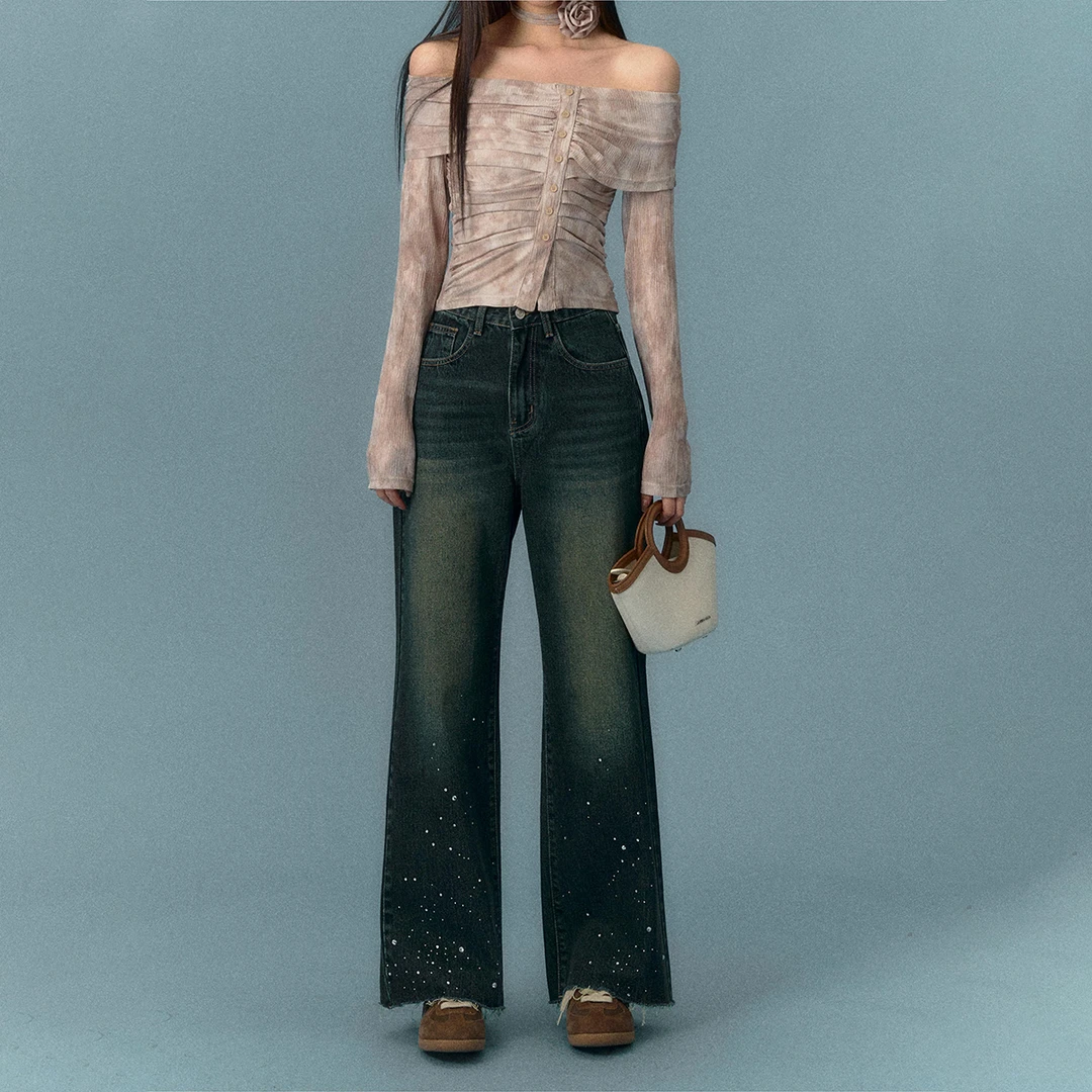 AsGony 阔腿牛仔裤女春季复古烫钻渐变洗水毛边高腰显瘦牛仔裤