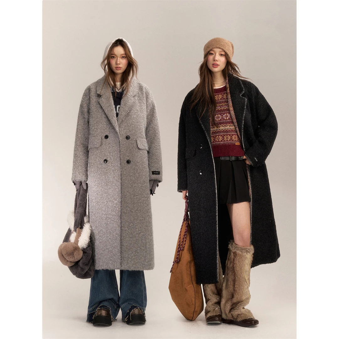 AsGony高级感纯色双排扣毛呢长款外套