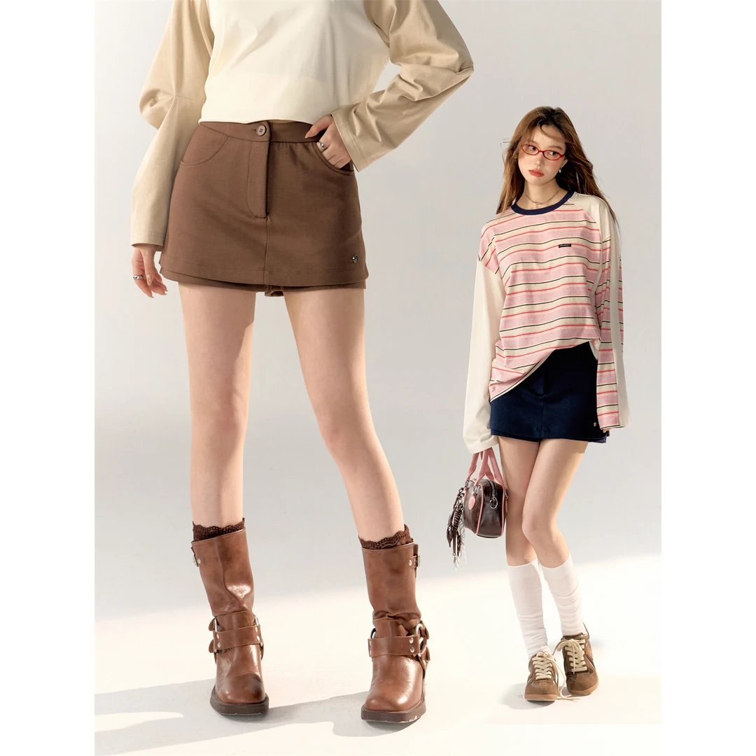 AsGony 纯色简约半身裙女初秋小个子百搭显瘦休闲穿搭A字高腰短裙