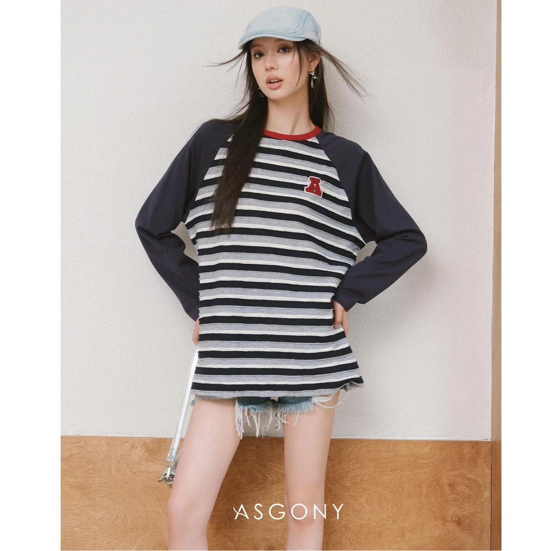 ASGONY 条纹拼色长袖T恤女秋季新款复古百搭宽松休闲插肩袖上衣