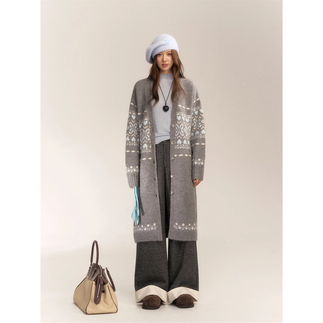 AsGony费尔岛羊毛混纺毛衣外套慵懒松弛感宽松长款针织开衫