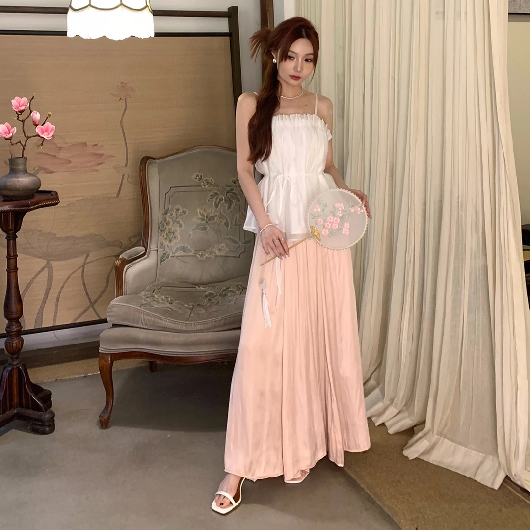 AsGony人鱼姬粉色半身裙女2024春夏新款醋酸缎面高级垂感绝美长裙